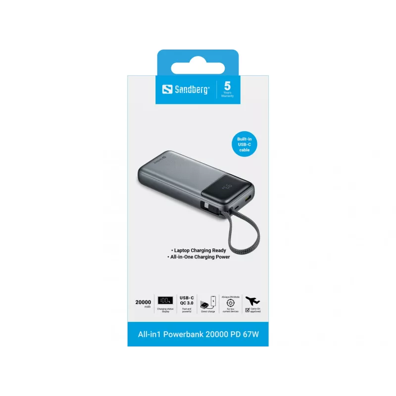 Ārējais akumulators SANDBERG All-in1 Powerbank 20000 PD 67W — 20000 mAh LiPo, 1×USB-A, 1×USB-C, 15W izeja, melns/pelēks