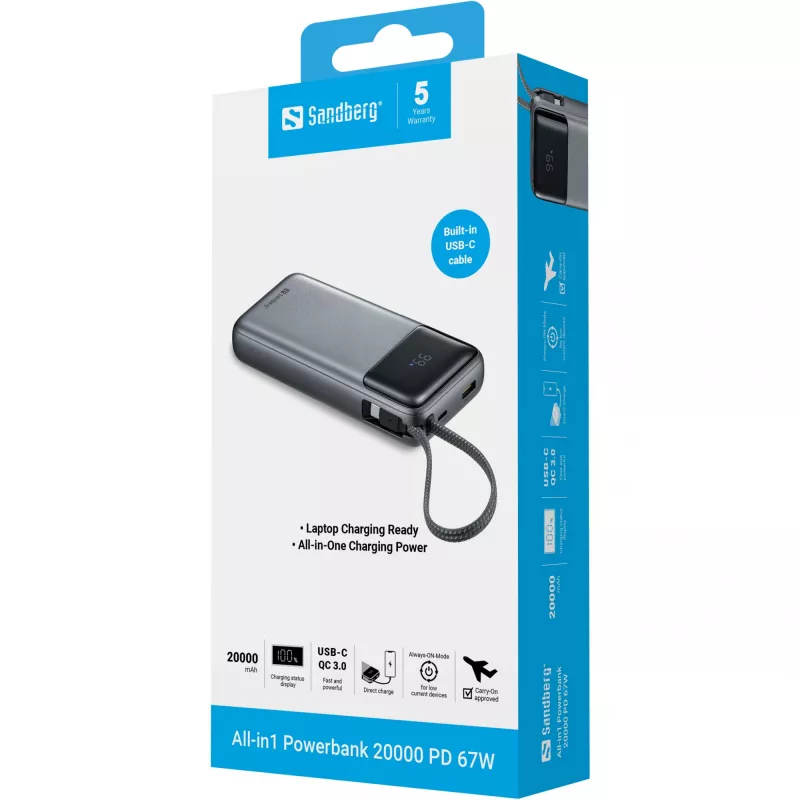 Ārējais akumulators SANDBERG All-in1 Powerbank 20000 PD 67W — 20000 mAh LiPo, 1×USB-A, 1×USB-C, 15W izeja, melns/pelēks