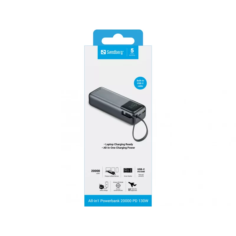 Pārnēsājams ārējais akumulators SANDBERG All-in1 Powerbank 20000 PD 130W — 20000 mAh, LiPo, USB-A 1x, USB-C 1x, 130 W, melna/pelēka