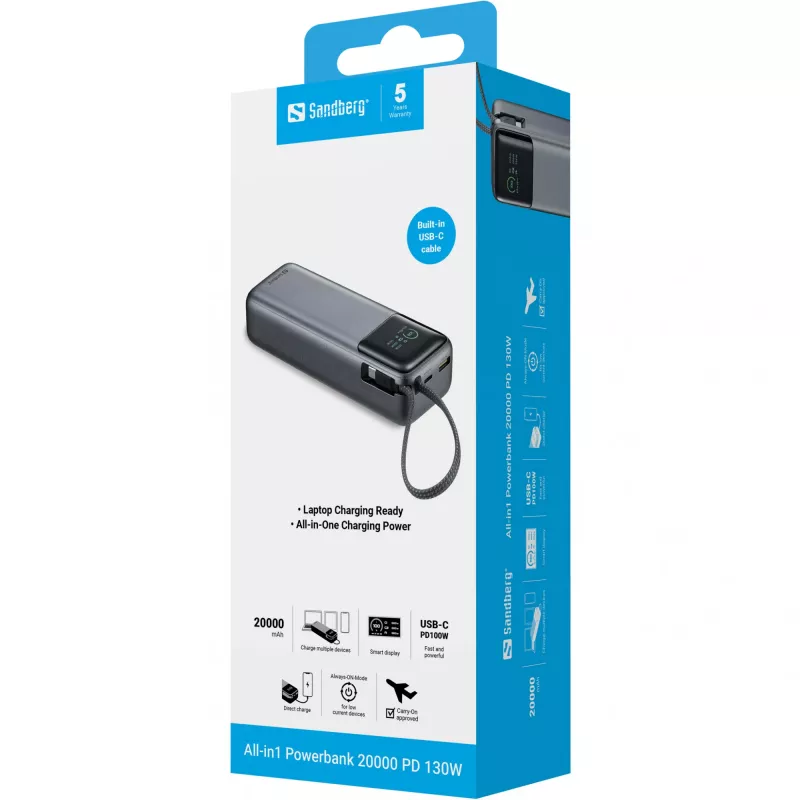 Pārnēsājams ārējais akumulators SANDBERG All-in1 Powerbank 20000 PD 130W — 20000 mAh, LiPo, USB-A 1x, USB-C 1x, 130 W, melna/pelēka