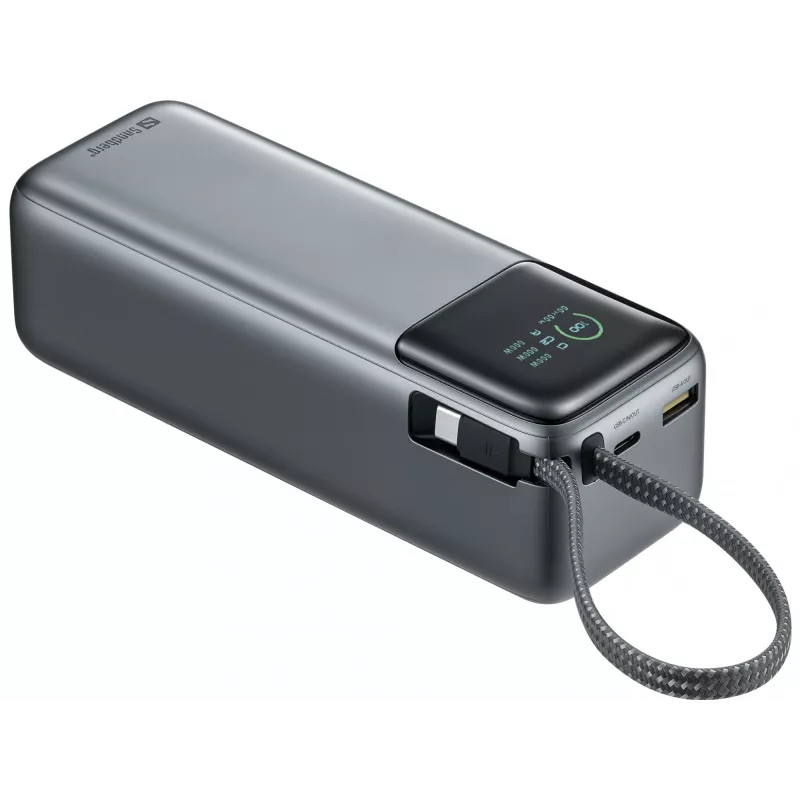 Ārējais akumulators SANDBERG All-in1 Powerbank 27000 PD 240W — 27000 mAh LiPo, 240W izeja, 1× USB-A, 1× USB-C, 3.6V — melns/pelēks