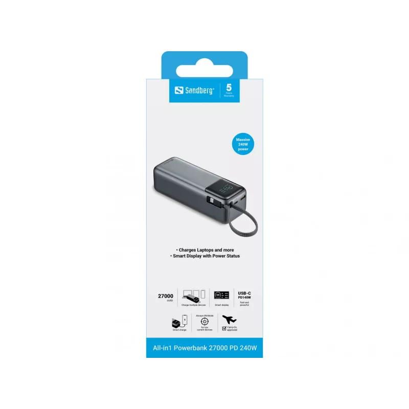 Ārējais akumulators SANDBERG All-in1 Powerbank 27000 PD 240W — 27000 mAh LiPo, 240W izeja, 1× USB-A, 1× USB-C, 3.6V — melns/pelēks