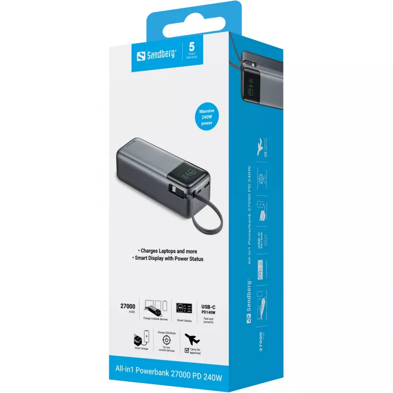 Ārējais akumulators SANDBERG All-in1 Powerbank 27000 PD 240W — 27000 mAh LiPo, 240W izeja, 1× USB-A, 1× USB-C, 3.6V — melns/pelēks