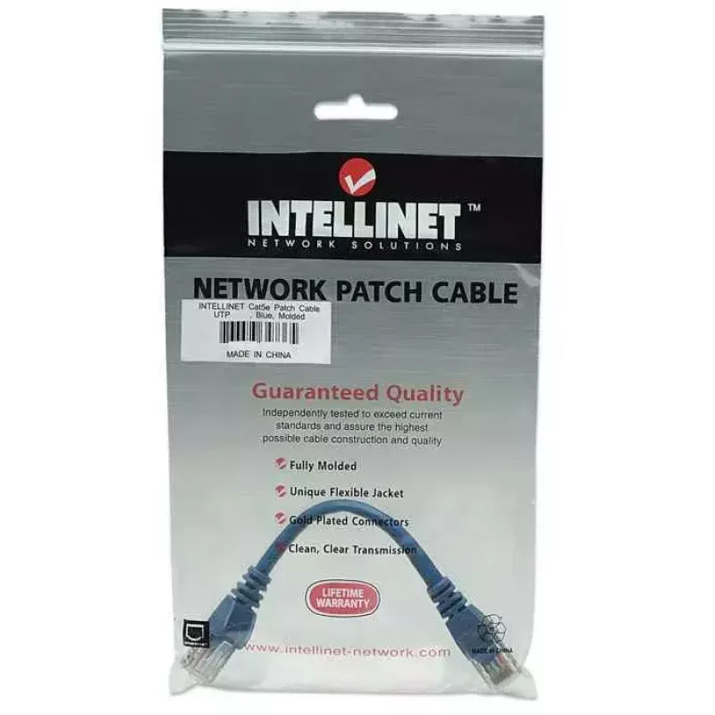 Intellinet tīkla komutācijas kabelis, Cat5e, 0,5 m, zils, CCA, U/UTP, PVC, RJ45, zeltīti kontakti, aizķeršanās novēršanas dizains, ar aizsarguzmavu, mūža garantija