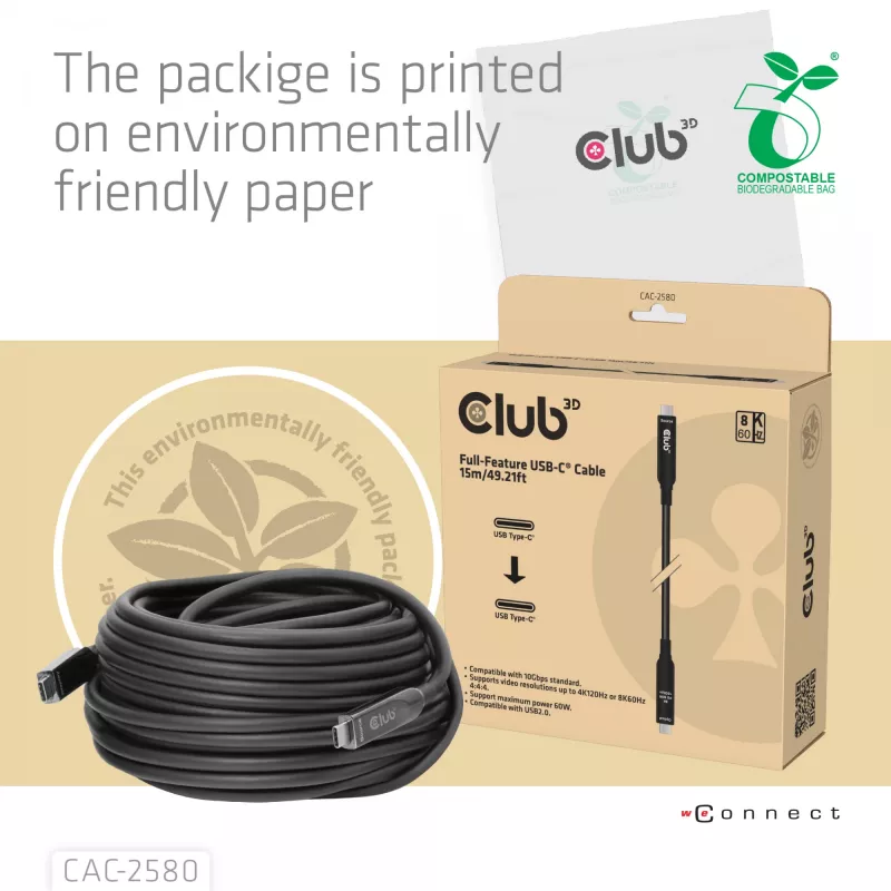 CLUB3D 15M pilnvērtīgs USB-C® kabelis / 49,21 pēdas 8K60Hz 10Gbps 60W