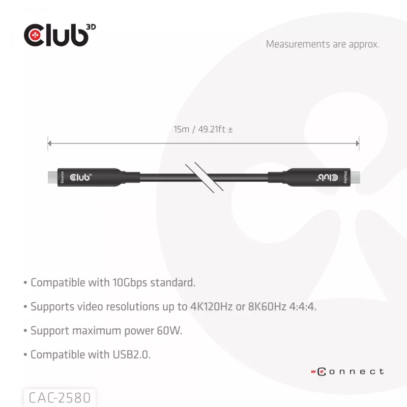 CLUB3D 15M pilnvērtīgs USB-C® kabelis / 49,21 pēdas 8K60Hz 10Gbps 60W