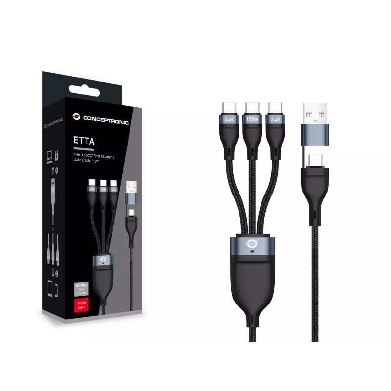 Conceptronic ETTA06B15C 3-in-1 100W ātrās uzlādes datu kabelis 1,5 m, trīskāršs USB-C, USB 2.0, E-Mark