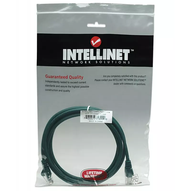 Intellinet tīkla komutācijas kabelis, Cat5e, 2m, zaļš, CCA, U/UTP, PVC, RJ45, zeltīti kontakti, bezizciļņa, apvalkots, mūža garantija