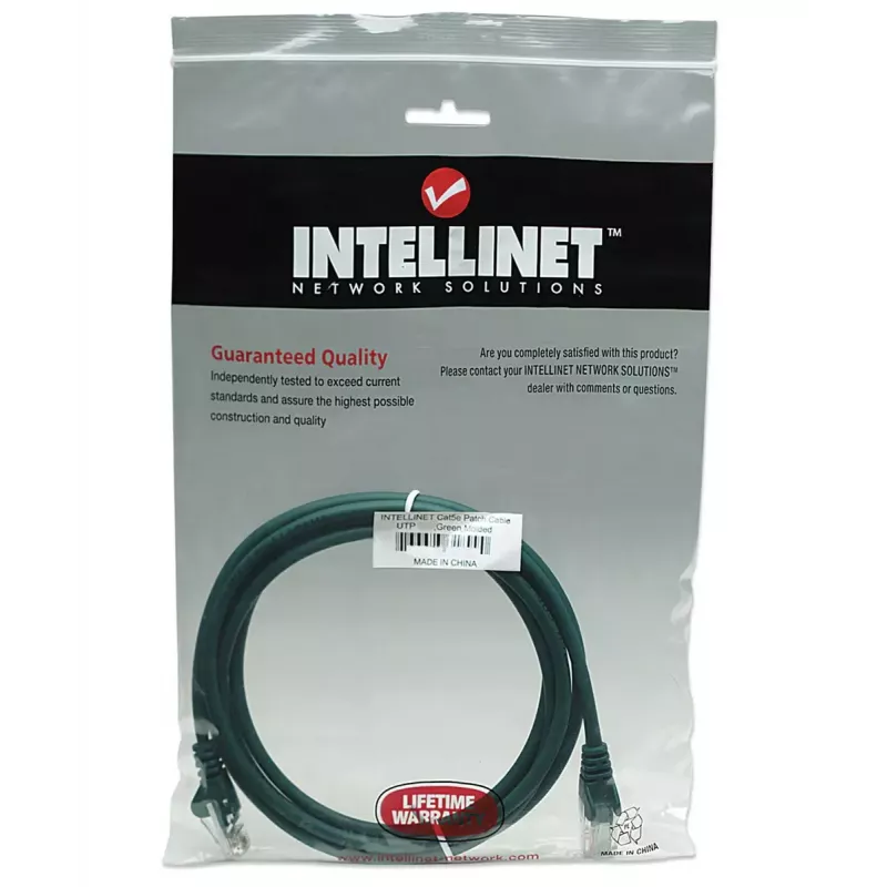 Intellinet tīkla ielāpu vads, Cat5e, 5 m, zaļš, CCA, U/UTP, PVC, RJ45, zeltīti kontakti, bez aizķeršanās, ar aizsarguzmavu, mūža garantija