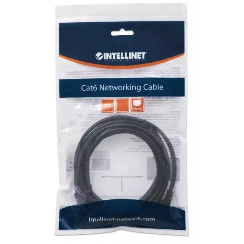 Intellinet tīkla komutācijas kabelis, Cat6, 5 m, melns, CCA, U/UTP, PVC, RJ45, apzeltīti kontakti, bez aizķeršanās, ar aizsarguzmavu, mūža garantija