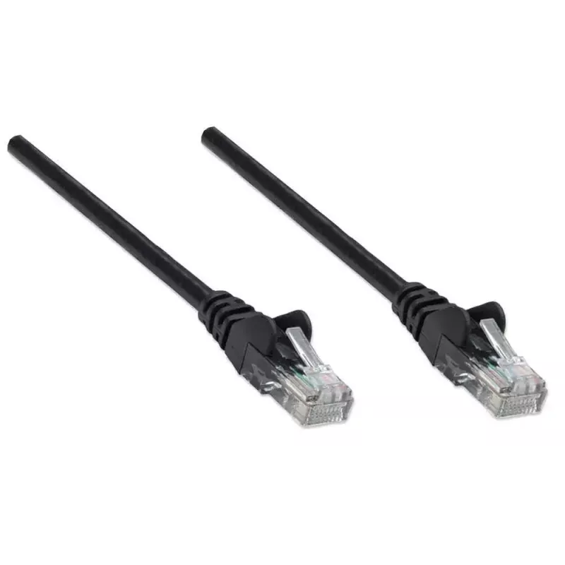 Intellinet tīkla komutācijas kabelis, Cat6, 5 m, melns, CCA, U/UTP, PVC, RJ45, apzeltīti kontakti, bez aizķeršanās, ar aizsarguzmavu, mūža garantija