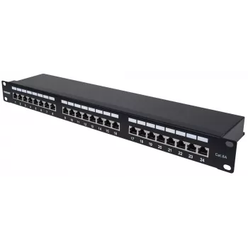Intellinet ielāpu panelis, Cat6a, FTP, 24 porti, 1U, ekranēts, 90° augšējās ievades perforēšanas bloki, melns