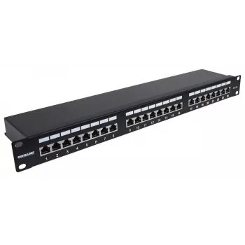 Intellinet ielāpu panelis, Cat6a, FTP, 24 porti, 1U, ekranēts, 90° augšējās ievades perforēšanas bloki, melns