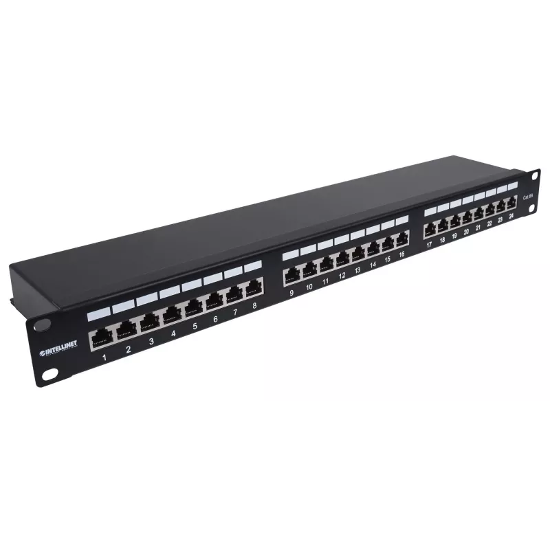 Intellinet ielāpu panelis, Cat6a, FTP, 24 porti, 1U, ekranēts, 90° augšējās ievades perforēšanas bloki, melns
