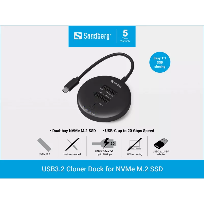 Sandberg USB3.2 klonēšanas doks NVMe M.2 SSD, melns, 20 Gbit/s