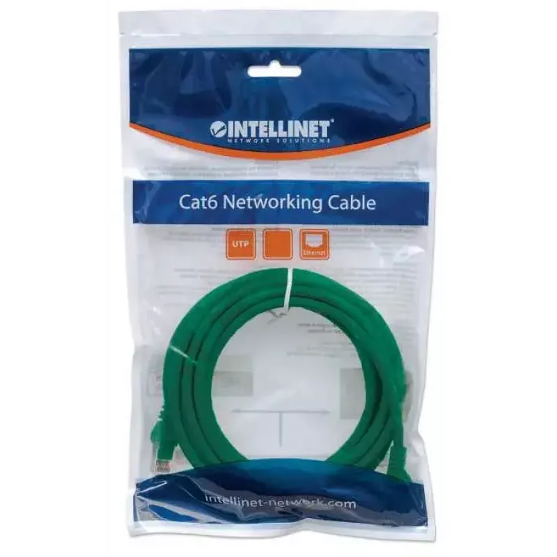 Intellinet tīkla komutācijas kabelis, Cat6, 0,5 m, zaļš, CCA, U/UTP, PVC, RJ45, apzeltīti kontakti, bezķeršanās, štancēts, mūža garantija
