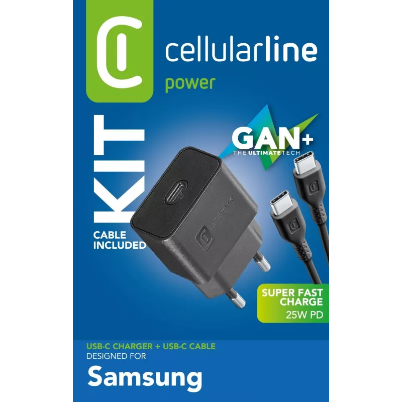 Cellularline Super Fast Charger komplekts 25W - USB-C uz USB-C - Samsung 25W Super Fast Charge PD tīkla lādētājs ar USB-C uz USB-C kabeli