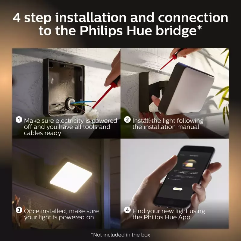 Āra viedais sienas gaismeklis Philips Hue balta Welcome Floodlight, 20.5W LED, 220–240V ieeja, 24V spuldze, melns, 160×220×153 mm