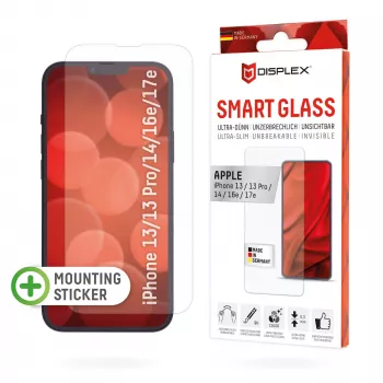 Displex Smart Glass (9H) Apple iPhone 13/13 Pro/14/16e/17e, montāžas uzlīme, nesalaužams