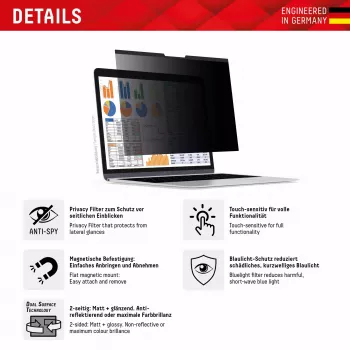 Displex PRIVACY SAFE magnētiskais divvirzienu privātuma filtrs MacBook Pro 14,2 collām Putekļu un skrāpējumu izturīgs