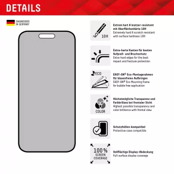 Displex Privātuma ekrāna aizsargs (10H) Apple iPhone 15/15 Pro, EASY-ON® Eco montāžas rāmis, privātuma filtrs