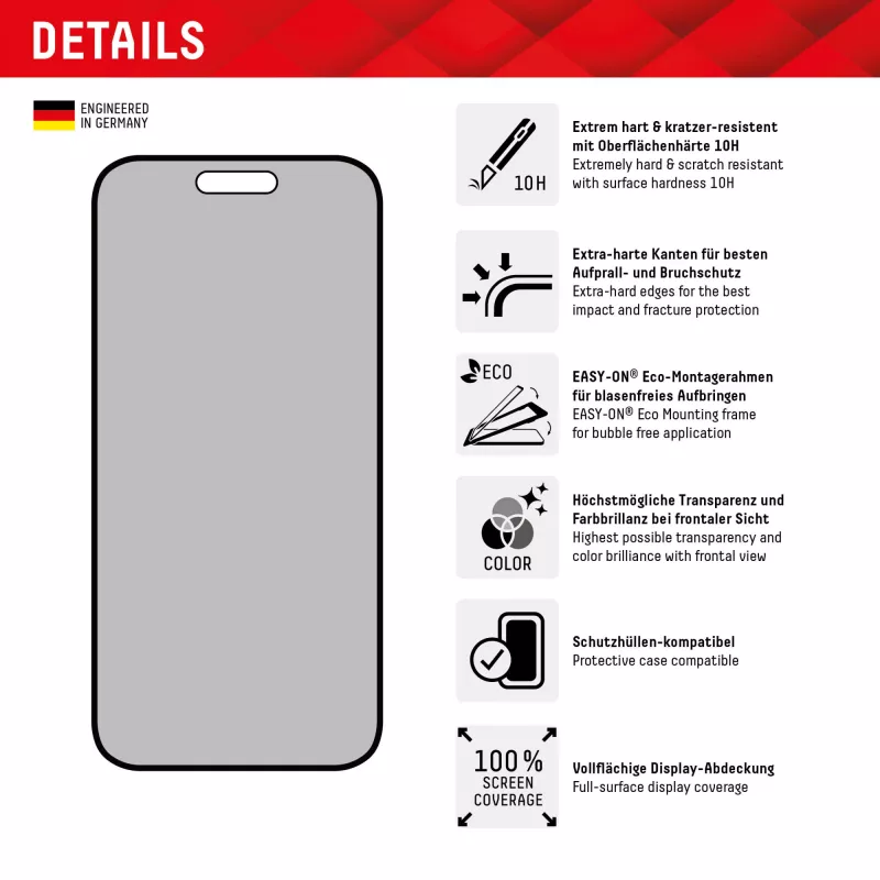 Displex Privātuma ekrāna aizsargs (10H) Apple iPhone 15/15 Pro, EASY-ON® Eco montāžas rāmis, privātuma filtrs
