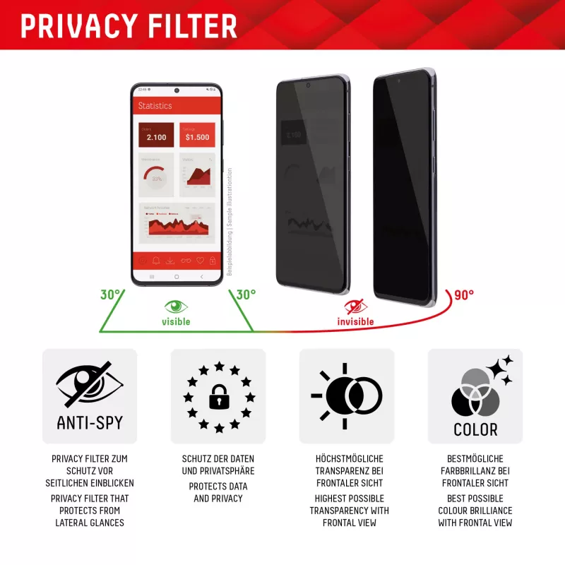 Displex Privātuma ekrāna aizsargs (10H) Apple iPhone 15/15 Pro, EASY-ON® Eco montāžas rāmis, privātuma filtrs
