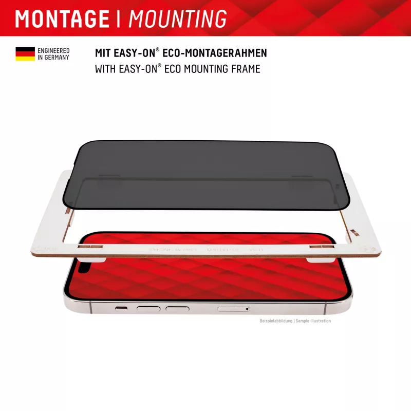 Displex Privātuma ekrāna aizsargs (10H) Apple iPhone 15/15 Pro, EASY-ON® Eco montāžas rāmis, privātuma filtrs