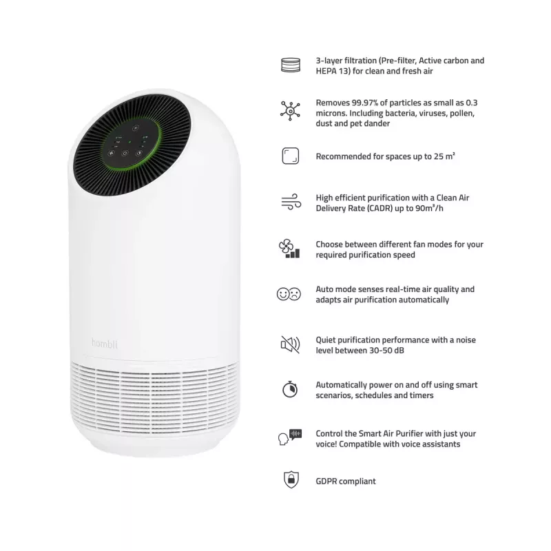 Gaisa attīrītājs Hombli Smart Air Purifier by Avanca International BV, trokšņa līmenis 30 dB, pieejams baltā un melnā krāsā