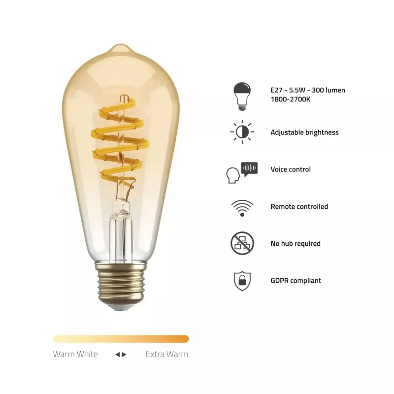 Smart bulb Hombli HBEB-0212 Wi‑Fi 5.5 W, zelta, A–G energoefektivitātes klase, Ø61×142 mm
