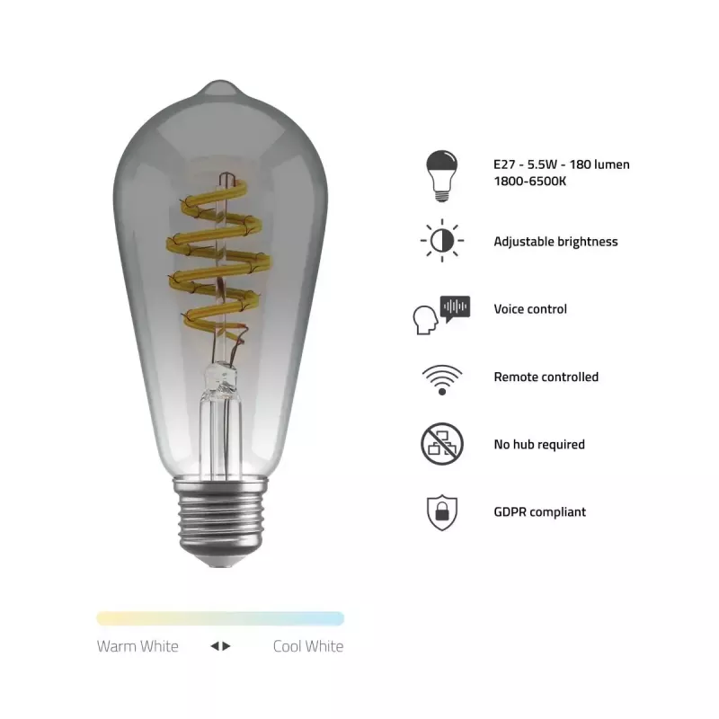Viedā spuldze Avanca International BV Hombli HBEB-0211, Wi‑Fi, 5,5 W, pelēka, ST64 (6,1×14,2 cm)
