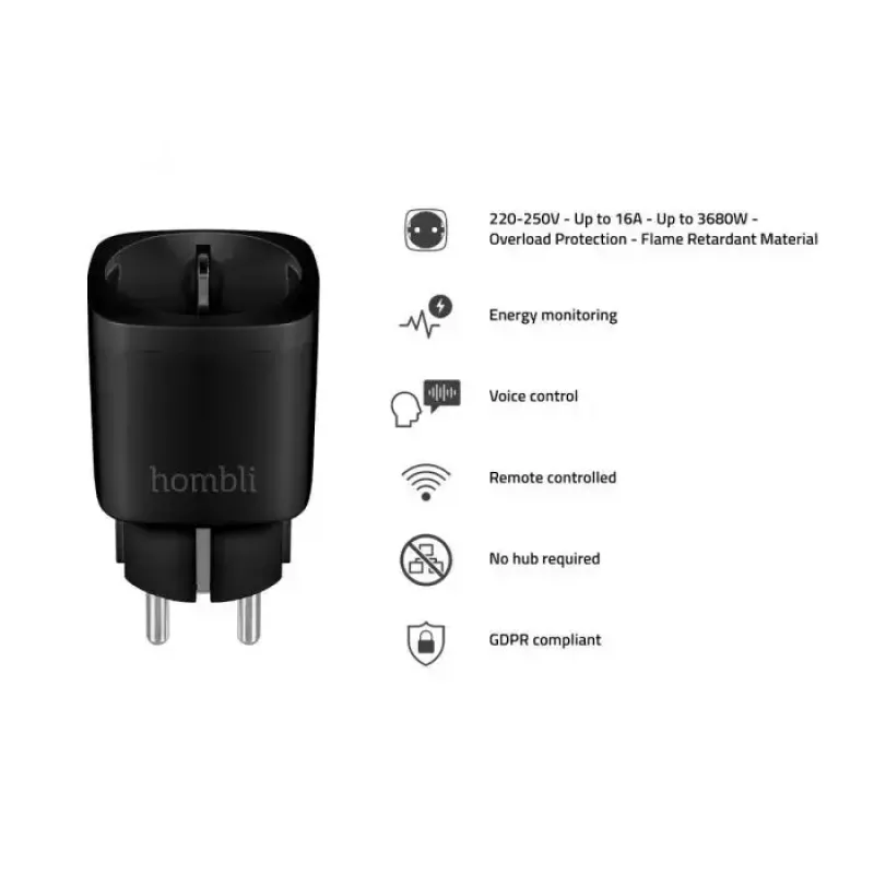 Viedā kontaktligzda Avanca International BV Hombli Smart Socket EU melna — Wi‑Fi, 220–250 V, 3,68 kW, iekštelpām, plastmasa
