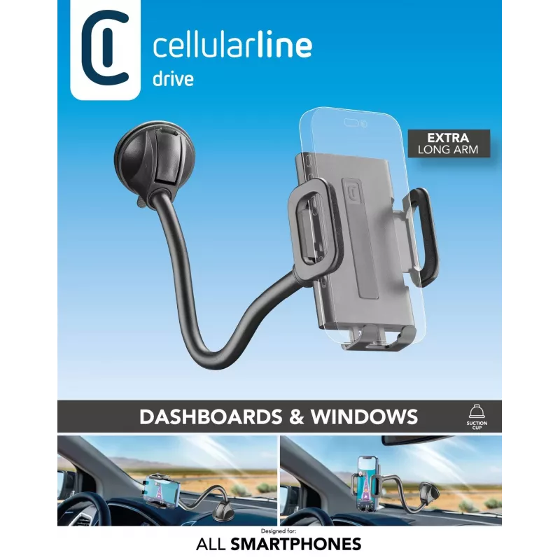 Sourcing Cellularline Hug Flexi XL universāls pasīvais turētājs ar piesūcekni mobilajiem tālruņiem, melns/pelēks