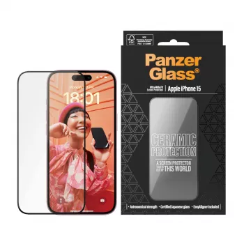 PanzerGlass Ceramic Protection iPhone 15 Ultra-Wide Fit aizsargplēve pret skrāpējumiem un triecieniem