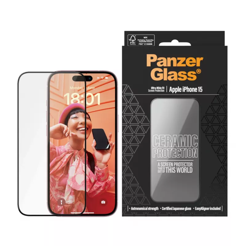 PanzerGlass Ceramic Protection iPhone 15 Ultra-Wide Fit aizsargplēve pret skrāpējumiem un triecieniem