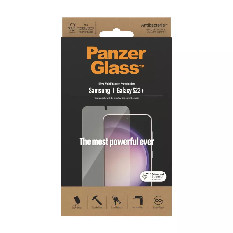 PanzerGlass ekrāna aizsargs Samsung Galaxy S23 Plus Ultra-Wide Fit pret skrāpējumiem triecienizturīgs