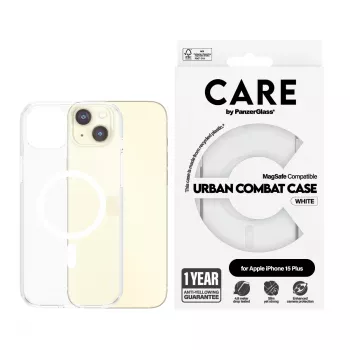 PanzerGlass CARE™ by ® Urban Combat Case caurspīdīgs ar baltu MagSafe, iPhone 15 Plus