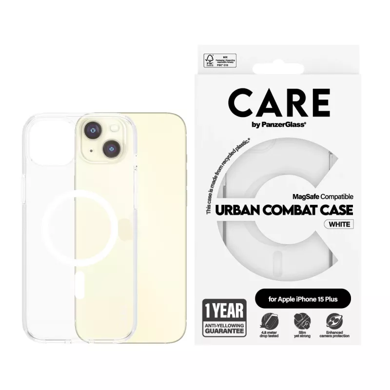 PanzerGlass CARE™ by ® Urban Combat Case caurspīdīgs ar baltu MagSafe, iPhone 15 Plus