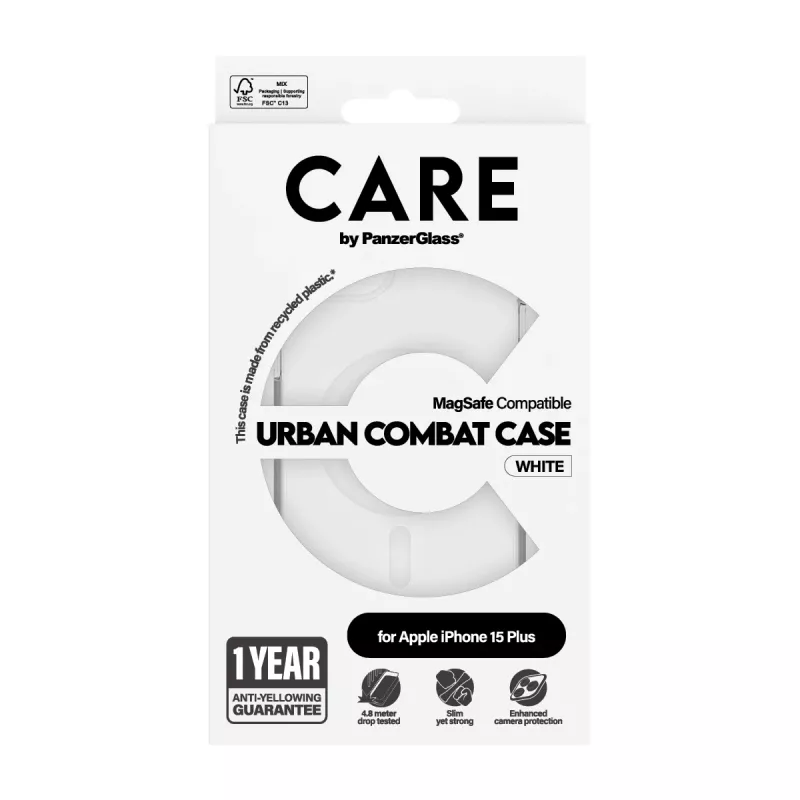 PanzerGlass CARE™ by ® Urban Combat Case caurspīdīgs ar baltu MagSafe, iPhone 15 Plus