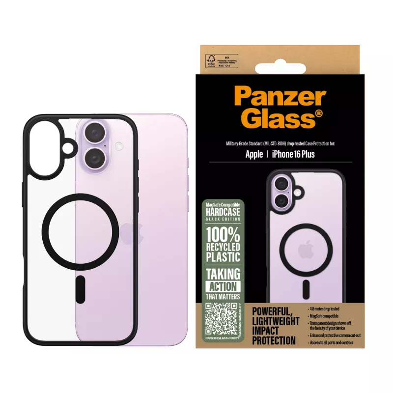 PanzerGlass ® HardCase Transparent w. Melns MagSafe & Frame iPhone 16 Plus