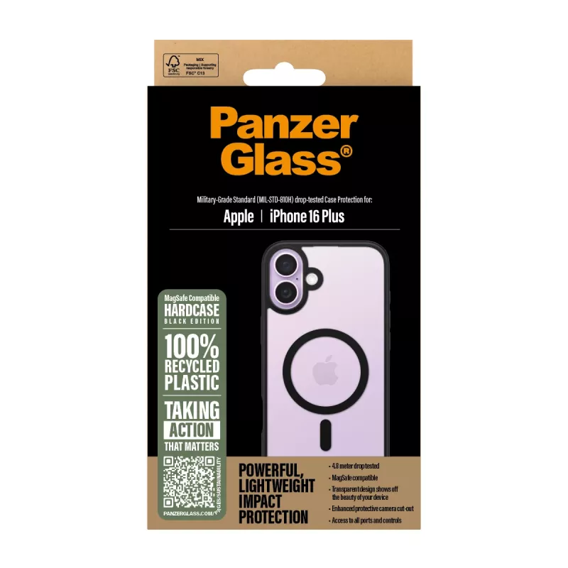 PanzerGlass ® HardCase Transparent w. Melns MagSafe & Frame iPhone 16 Plus