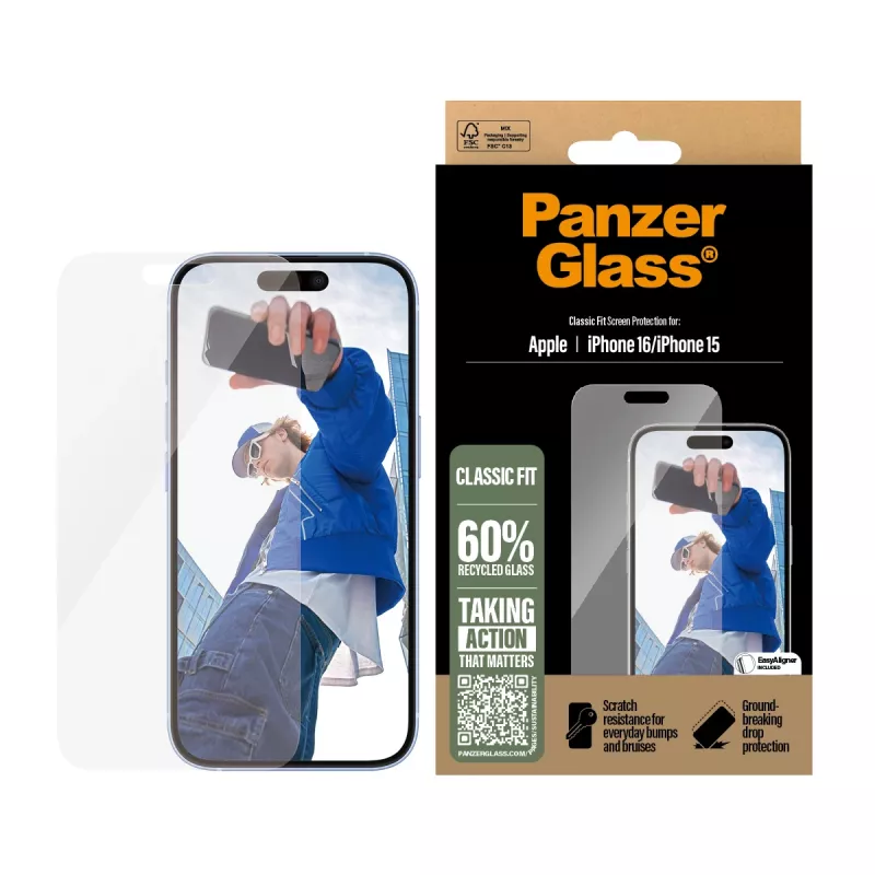 PanzerGlass ® Ekrāna aizsargs iPhone 16 | 15 | Classic Fit, Apple, Apple - iPhone 16, Sausa uzklāšana, Izturīgs pret skrāpējumiem, Triecienizturīgs, Caurspīdīgs, 1 gab.