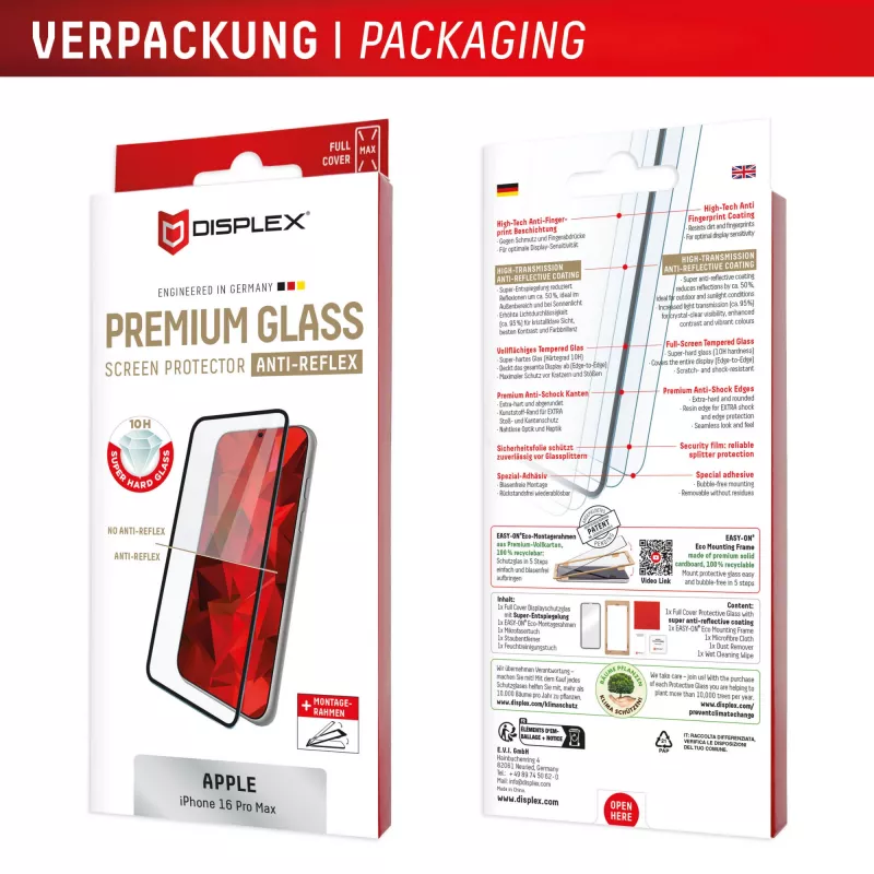 Displex Premium Anti-Reflex ekrāna aizsargs (pretatstarojošs pilna pārklājuma, 10H) Apple iPhone 16 Pro Max, Eco montāžas rāmis, pilns pārklājums