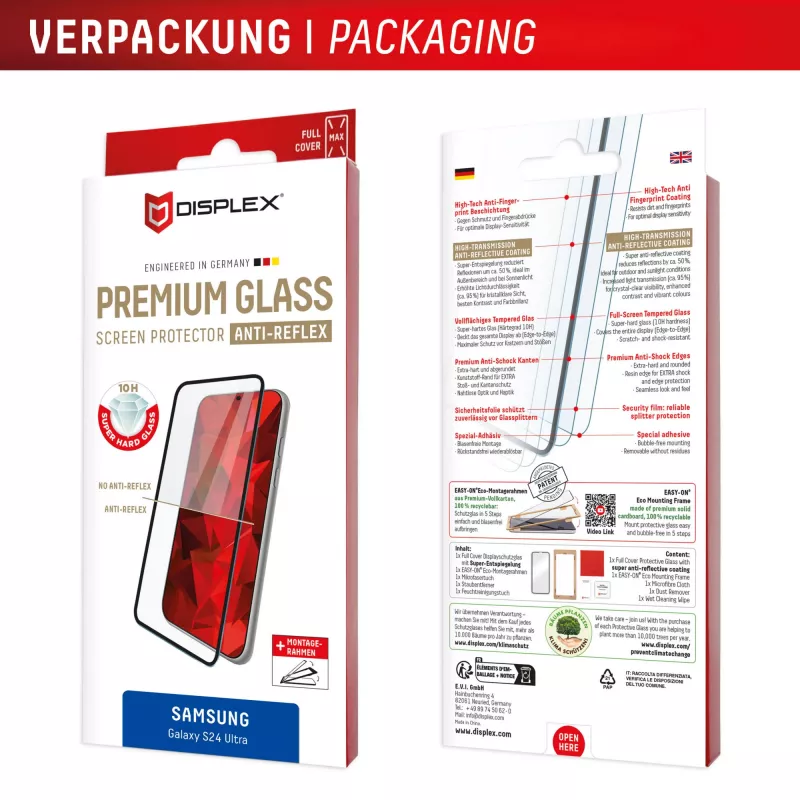 Displex Premium Anti-Reflex ekrāna aizsargs (pretatstarojošs pilns pārklājums, 10H) Samsung Galaxy S24 Ultra, Eco montāžas rāmis, pilns pārklājums