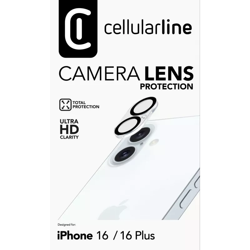 Cellularline kameras objektīvs - iPhone 16 aizsardzība Caurspīdīga Pret skrāpējumiem Triecienizturīga