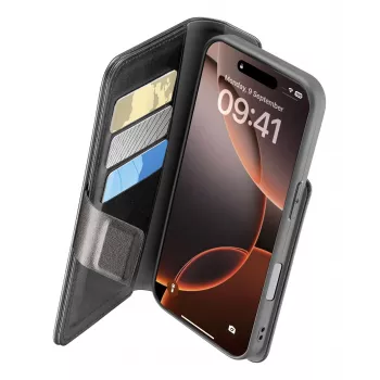 Cellularline Book Agenda - iPhone 16 Pro grāmatiņas tipa maciņš ar ādas imitācijas efektu un magnētisko aizdari