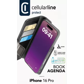 Cellularline Book Agenda - iPhone 16 Pro grāmatiņas tipa maciņš ar ādas imitācijas efektu un magnētisko aizdari
