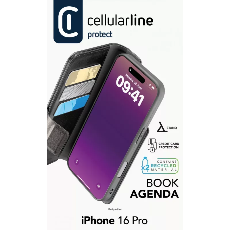 Cellularline Book Agenda - iPhone 16 Pro grāmatiņas tipa maciņš ar ādas imitācijas efektu un magnētisko aizdari