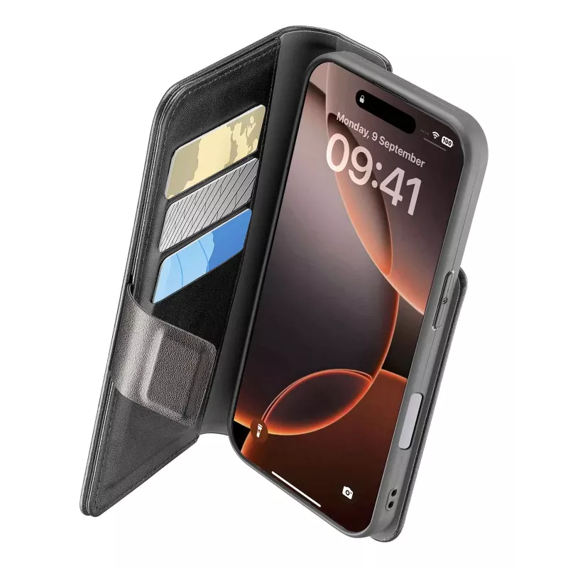 Cellularline Book Agenda - iPhone 16 Pro grāmatiņas tipa maciņš ar ādas imitācijas efektu un magnētisko aizdari