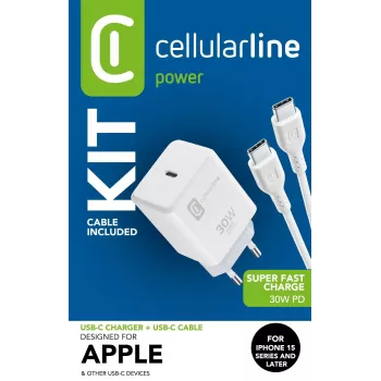 Cellularline USB-C CHARGER KIT USB-C 30W USB-C lādētāja komplekts 30W – iPhone 15 sērija